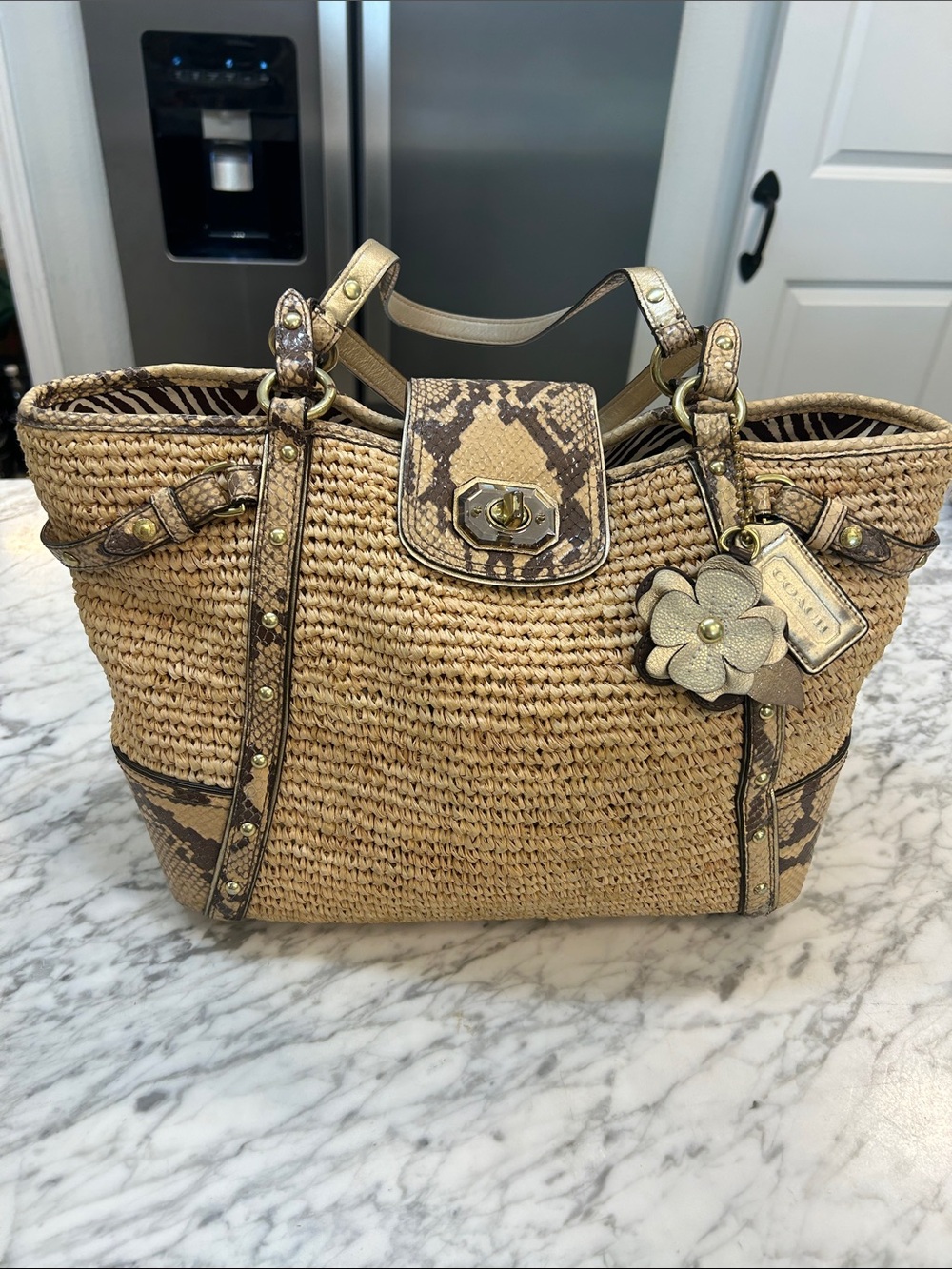 Coach Natural Straw Tote with Snake-Print Trim and Floral Charm